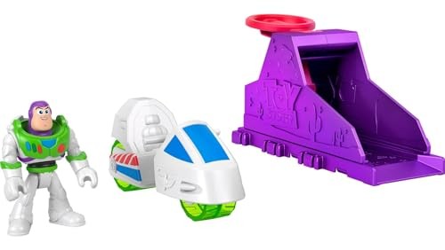 Fisher-Price Imaginext Toy Story set featuring a purple launcher, white and blue vehicle, and a Buzz Lightyear figure in a green and white spacesuit.