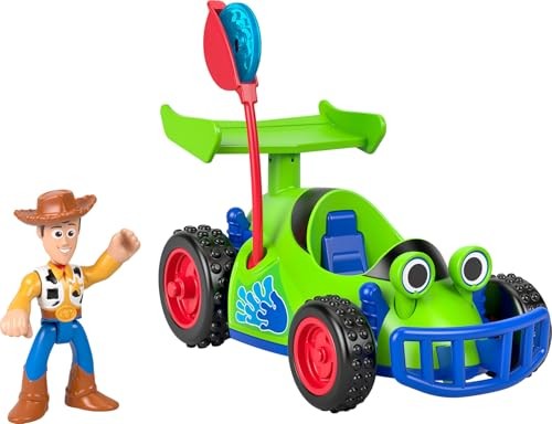 Woody, a cowboy figure in a brown hat and vest, stands next to a bright green and blue R.C. car with frog features, large wheels, and a playful design.