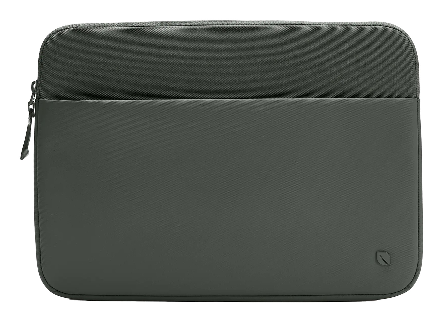 Dark green sleeve made from 100% recycled polyester, designed for 14-inch laptops, featuring a smooth exterior and a zippered closure with a front pocket.