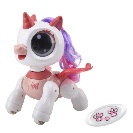 A white and pink robotic unicorn with large eyes, a purple and pink mane, and a red tail, accompanied by a remote control featuring paw print buttons.
