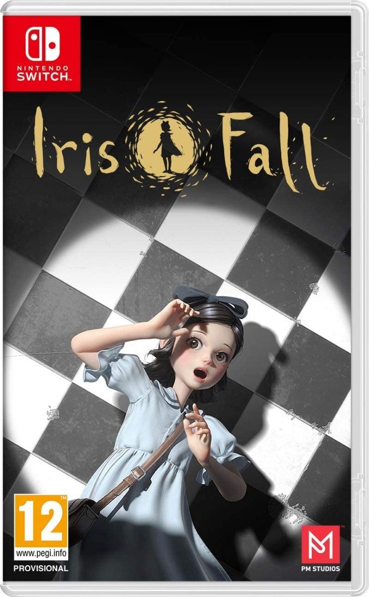 Cover art for "Iris Fall" featuring a girl in a blue dress with a black headband, standing on a black and white checkerboard floor, with the title prominently displayed above her.