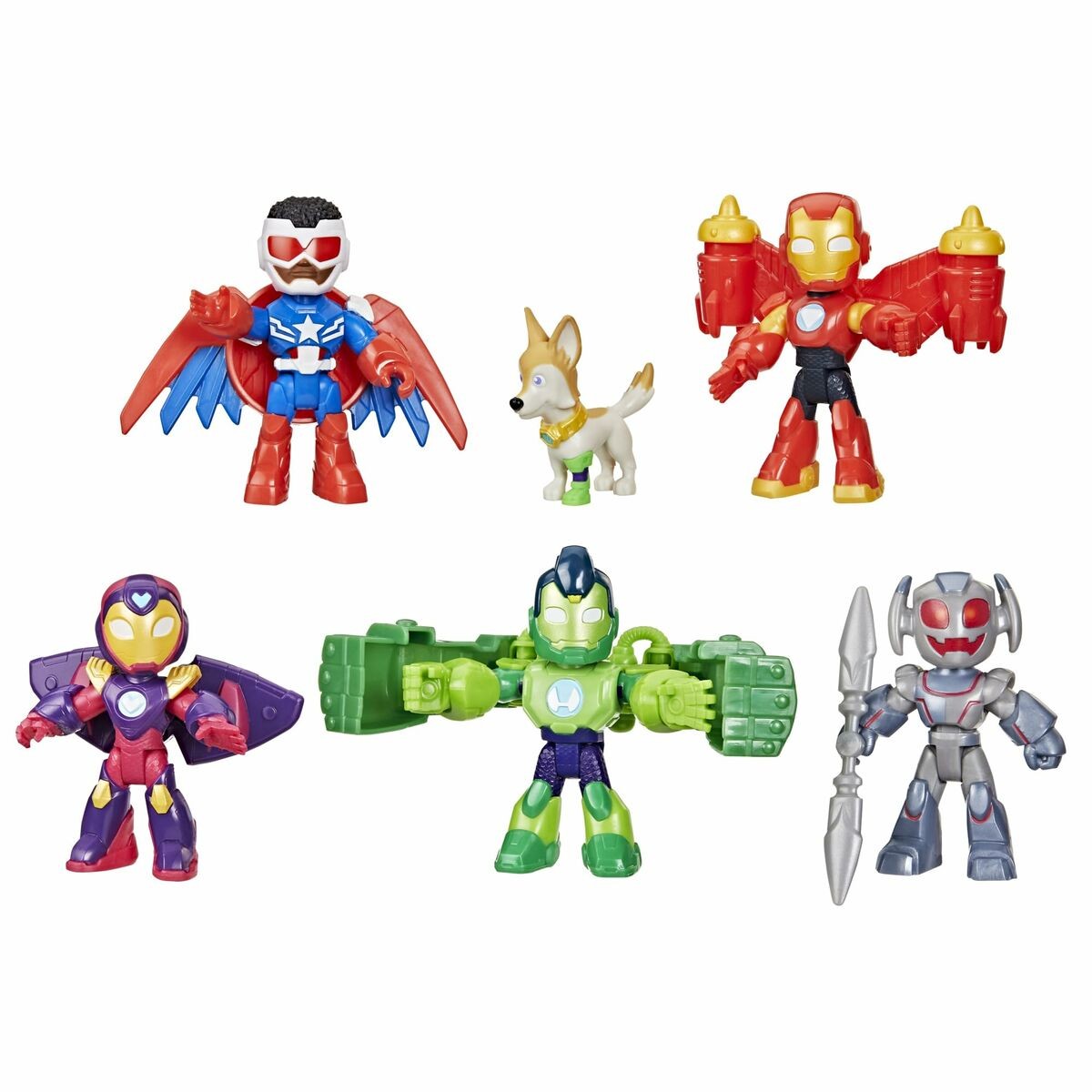 Six colorful, small superhero figures from Marvel: Iron Man in red and gold, a green Hulk figure, a silver robot, a blue and red Falcon, a dog, and a green armored character.