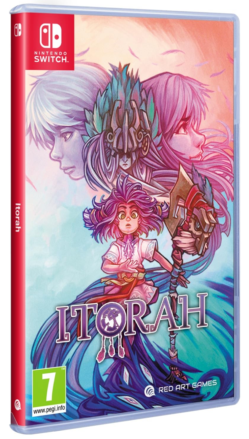 Nintendo Switch game case for "Itorah" by Red Art Games, featuring vibrant artwork of a girl with purple hair and two stylized characters in the background, with a colorful, fantasy theme.