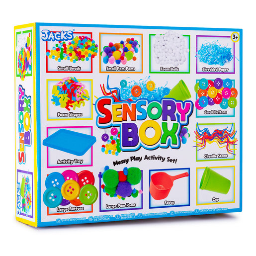 Colorful sensory box set featuring various materials like foam shapes, beads, pom poms, and buttons, along with an activity tray, scoop, and cap, all in a vibrant, playful design.