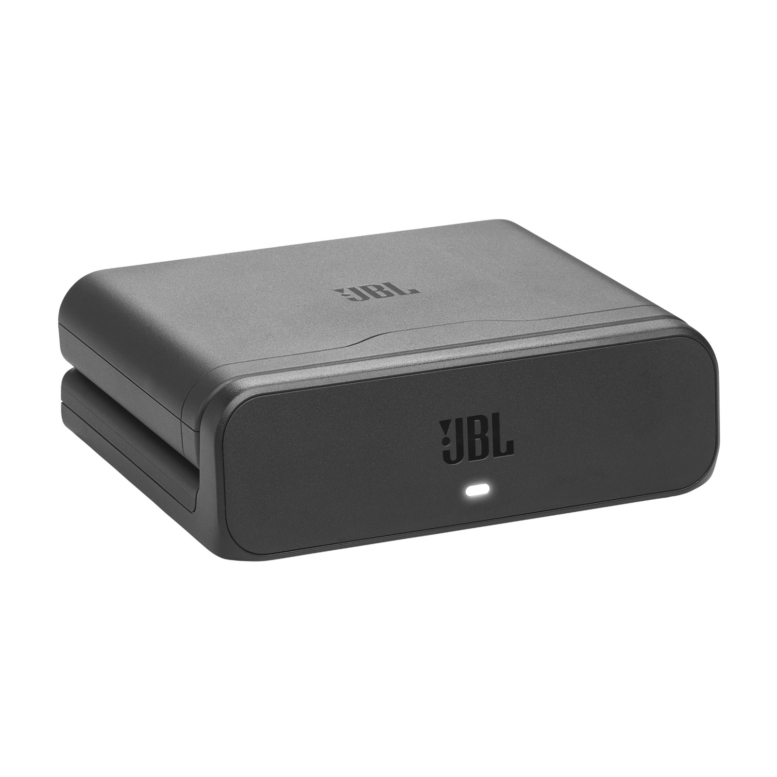 Black JBL Battery 600 charging case features a sleek, compact design with a prominent JBL logo on the front and a small LED indicator light.