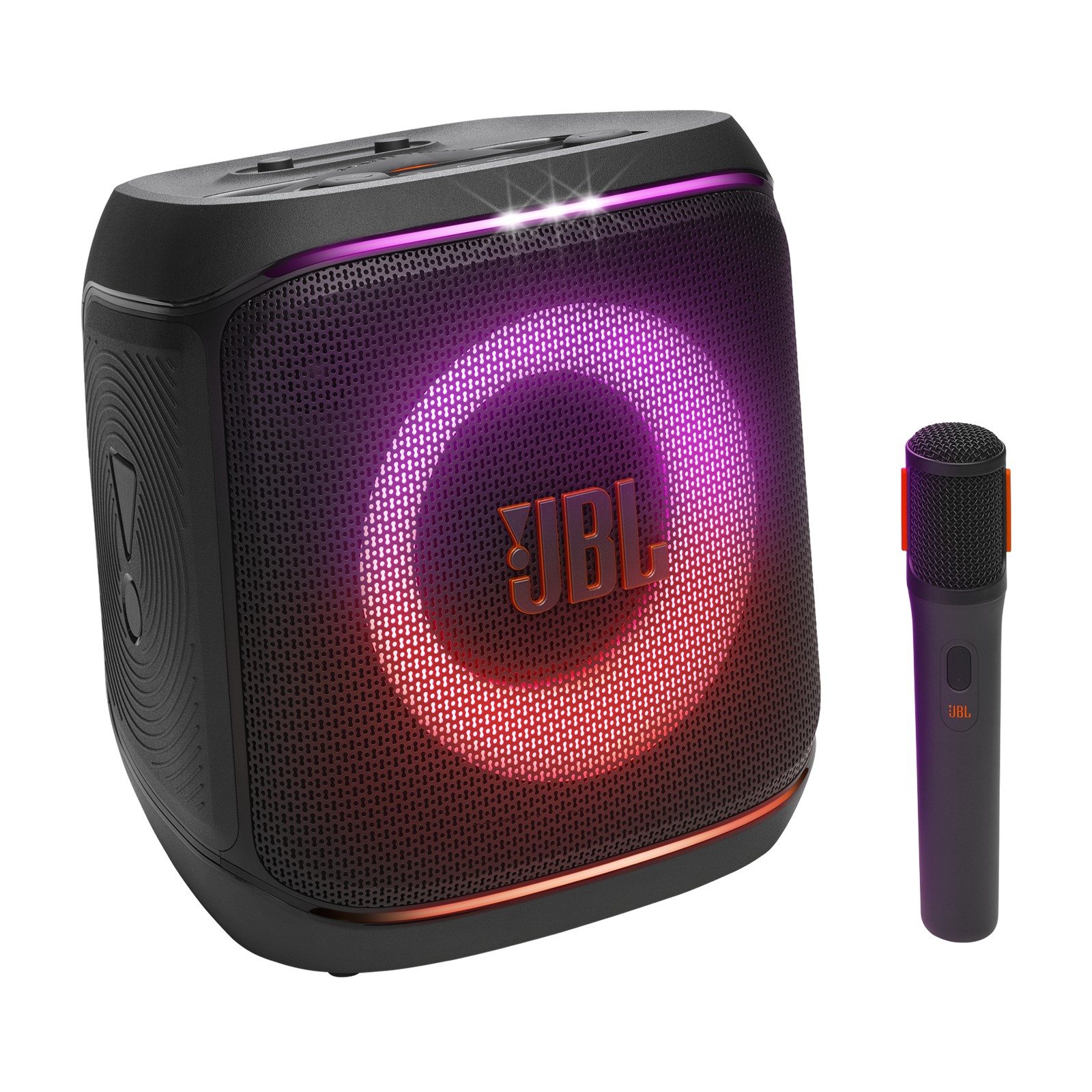 JBL PartyBox Encore 2 in black features a vibrant LED ring, textured grille, and includes a wireless microphone for karaoke and party use.