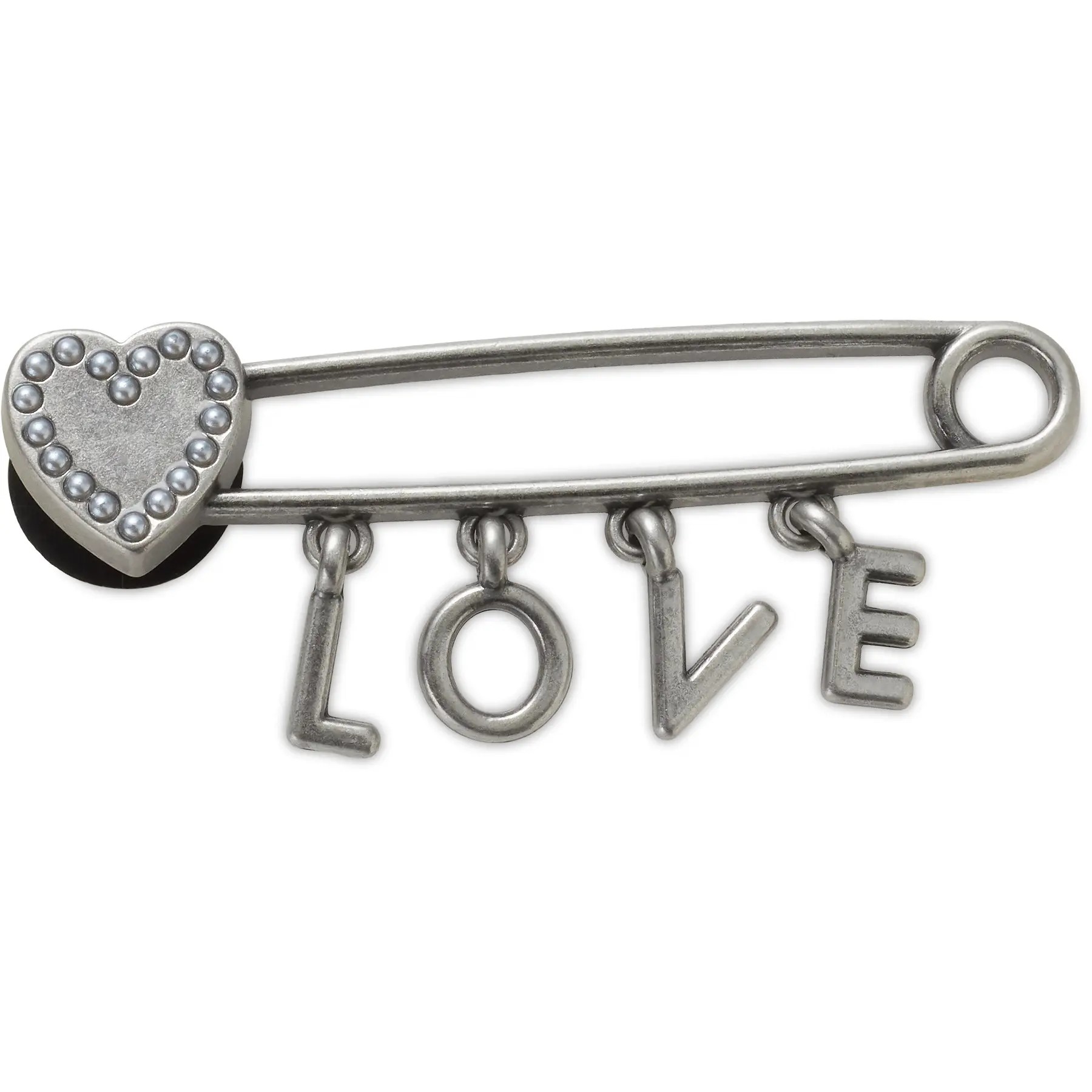 Silver safety pin charm featuring a heart with beads and the word "LOVE" in hanging letters, designed for Jibbitz Crocs.