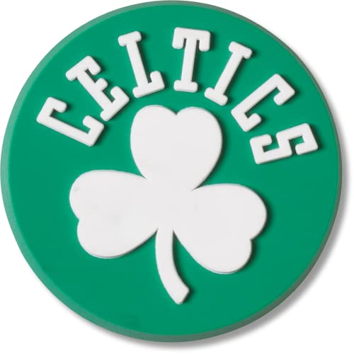 Green circular Jibbitz charm featuring the word "CELTICS" and a white shamrock, designed for Crocs footwear, made of durable rubber material.