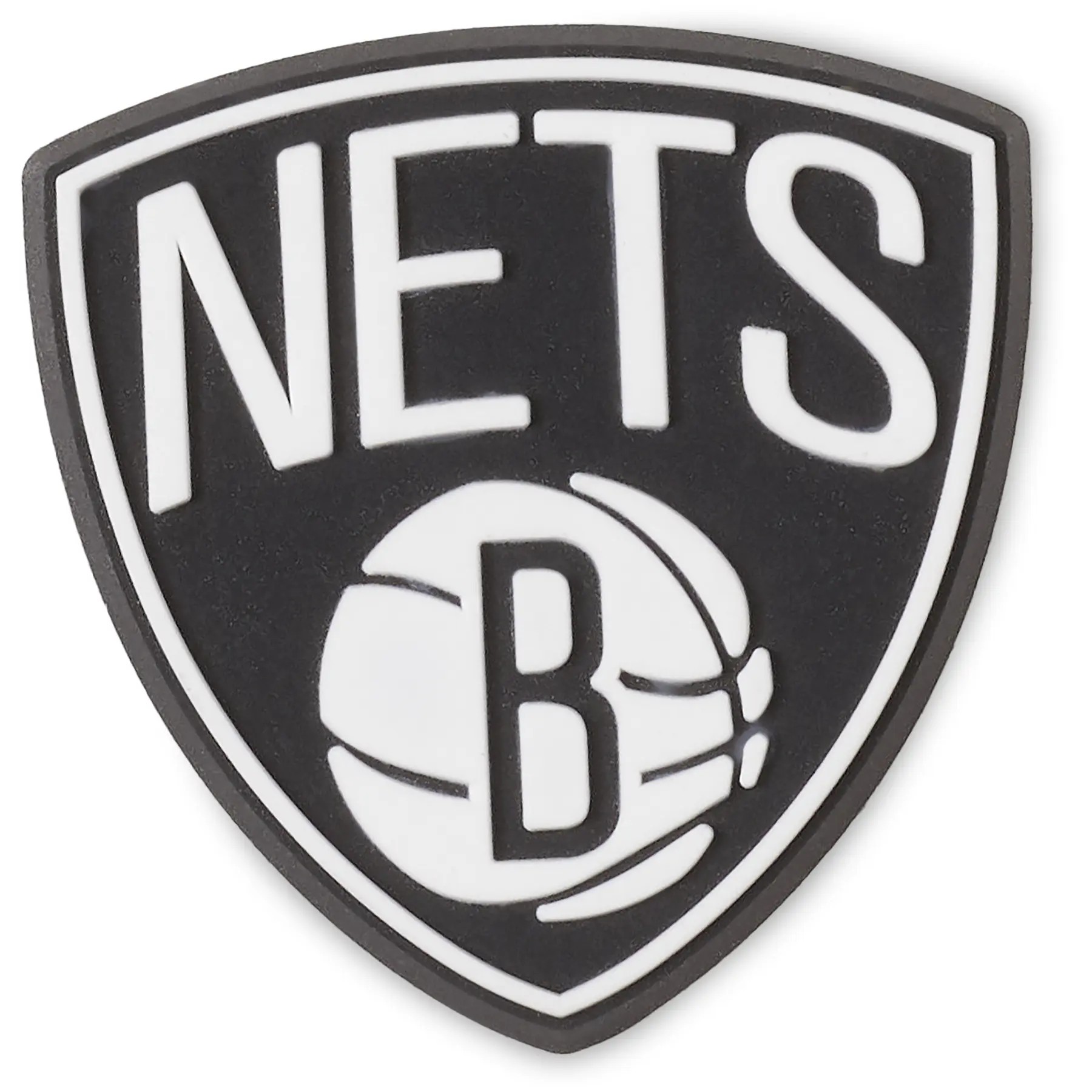 Black and white Jibbitz charm featuring the Brooklyn Nets logo, with a basketball graphic and "NETS" text inside a shield shape.
