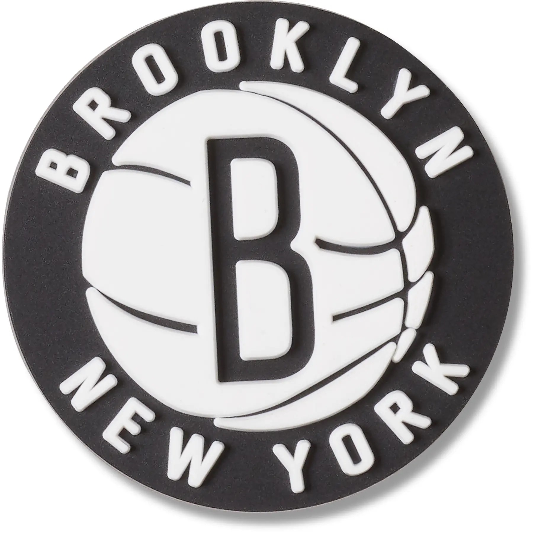 Black and white Jibbitz charm featuring the Brooklyn Nets logo, with a basketball design and text reading "BROOKLYN NEW YORK" around the edge.