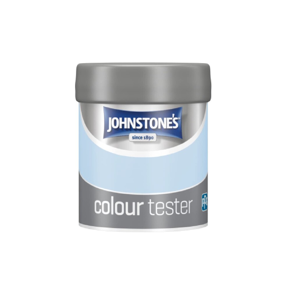 Johnstone's blue horizon paint tester pot, 75ml, featuring a silver lid and label with "colour tester" text, designed for easy application and quick drying in 1-2 hours.