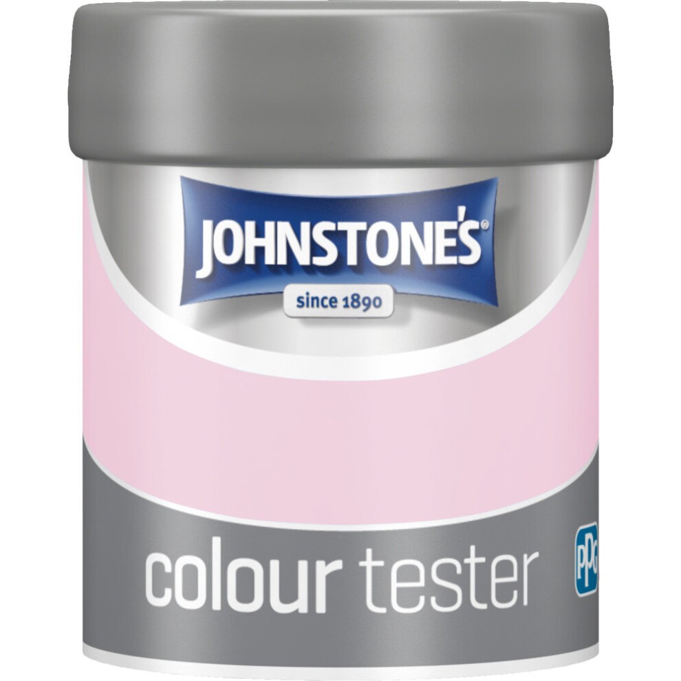 75ml tin of Johnstone's Vinyl Matt Interior Emulsion in Pink Cadillac, featuring a light pink color and a silver lid, labeled as a colour tester.