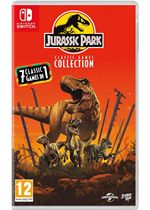Jurassic Park Classic Games Collection for Switch features vibrant orange and black packaging with a T-Rex and raptors, showcasing "7 Classic Games in 1" prominently.