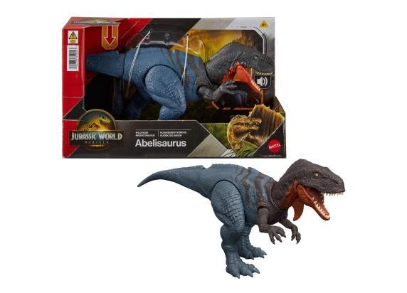 Abelisaurus dinosaur figure in blue and gray with a red and brown head, featuring movable limbs and a detailed texture, displayed alongside its packaging.