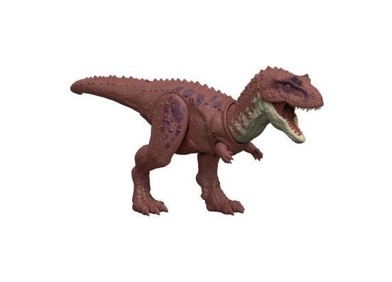 Aucasaurus dinosaur figure in reddish-brown with purple spots, featuring textured skin, a fierce open mouth, and sturdy plastic construction, ideal for play and display.