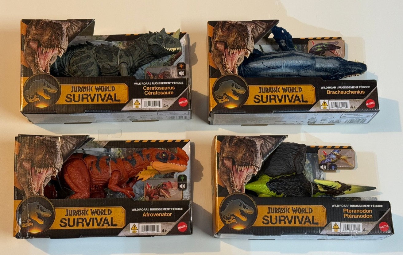 Jurassic World Wild Roar Ceratosaurus action figure in a colorful box featuring a green dinosaur with light and sound features, alongside three other dinosaur figures.