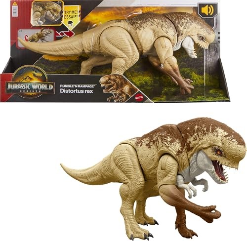 Jurassic World Distortus Rex action figure features a tan and brown dinosaur with movable limbs, detailed scales, and sound effects, measuring 22 inches in length.