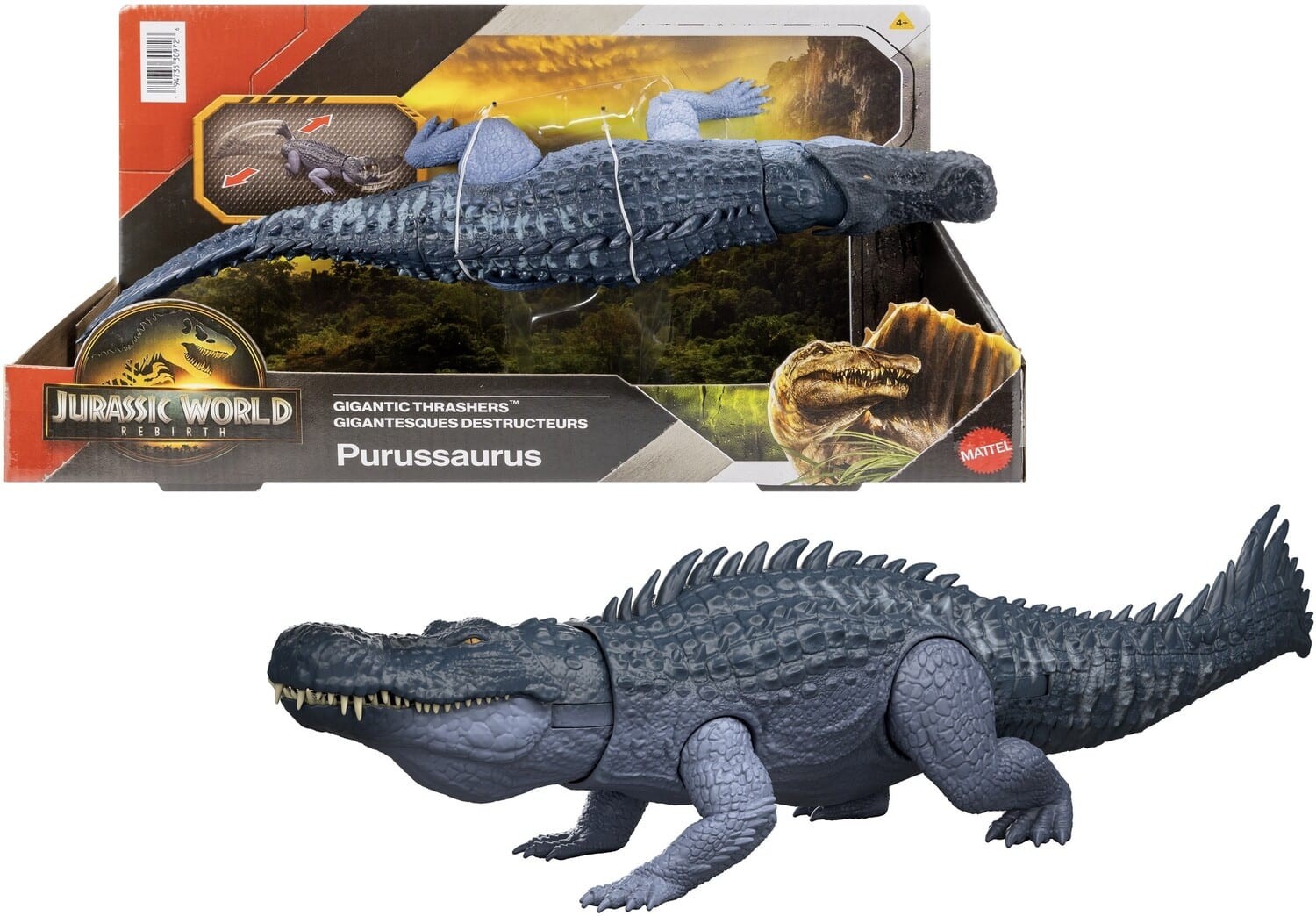 Purussaurus dinosaur figure in dark gray with textured scales, featuring a large head, sharp teeth, and a spiked back, displayed with its packaging showcasing Jurassic World branding.