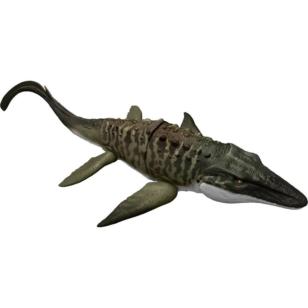 Jurassic World Mosasaurus action figure features a green and gray body with detailed scales, a long tail, and a menacing open mouth, accompanied by a small Dilophosaurus toy.