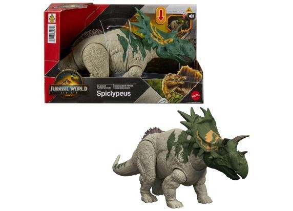 Spiclypeus dinosaur figure features a textured gray body with green and yellow markings, prominent frills, and spines, packaged in a Jurassic World box with a roaring sound feature.