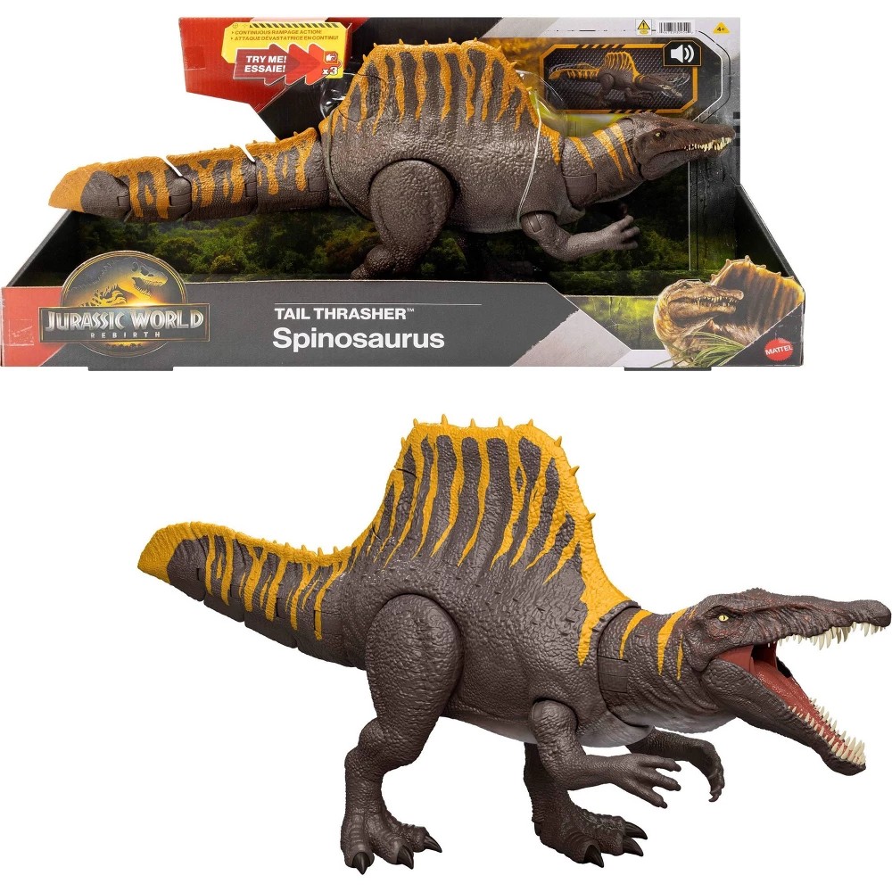 Jurassic World Rebirth Tail Thrasher Spinosaurus toy features a brown body with yellow stripes, movable tail, and realistic detailing, packaged in a colorful box with a dinosaur backdrop.