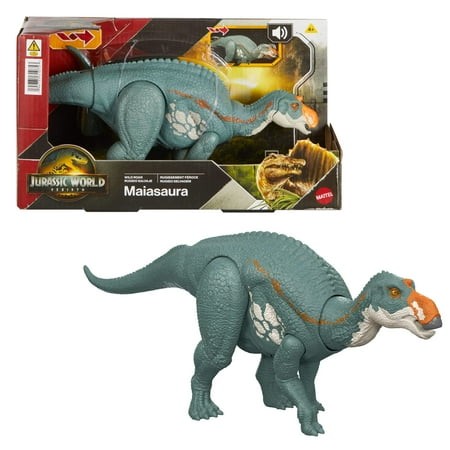 Jurassic World Rebirth Maiasaura dinosaur toy in teal with textured skin, featuring a tail-controlled attack mechanism and sound effects, displayed in a colorful box.