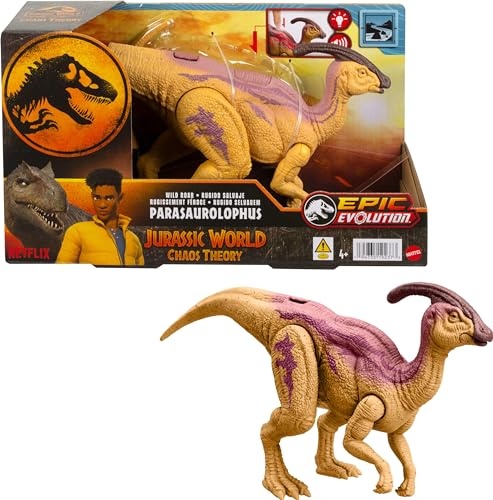 Jurassic World Wild Roar Parasaurolophus dinosaur figure in tan and purple, featuring movable limbs and a detailed texture, packaged with a character from the series.