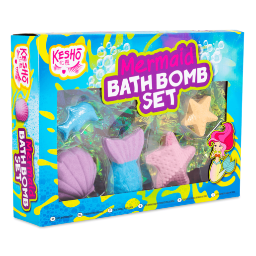 Colorful Kesho Mermaid Bath Bomb Set featuring six bath bombs in various shapes: a mermaid tail, starfish, and sea creatures, all in pastel shades of pink, blue, and purple, packaged in a vibrant box.