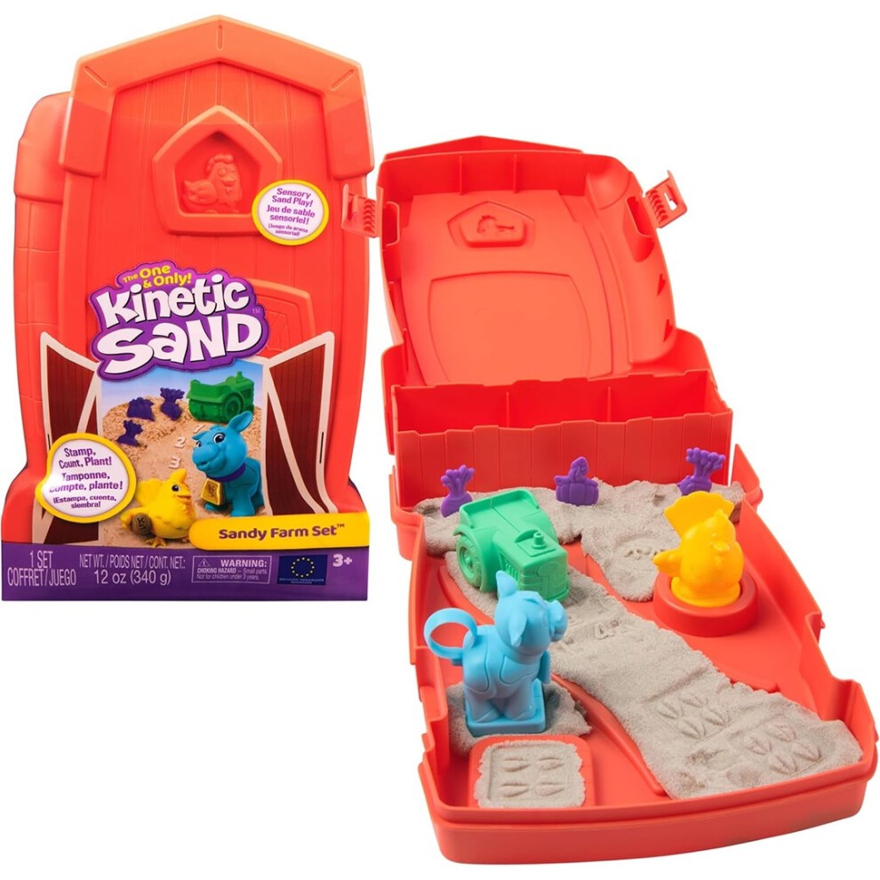 Bright orange barn-shaped case containing 12oz of gray Kinetic Sand, blue and yellow animal figures, a green toy tractor, and purple molds, ideal for toddlers and kids.