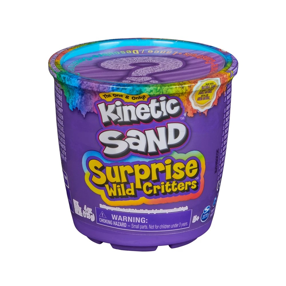 Purple container of Kinetic Sand labeled "Surprise Takeout Treats," featuring colorful graphics and a lid, with 4 oz of play sand and 2 food accessories included.