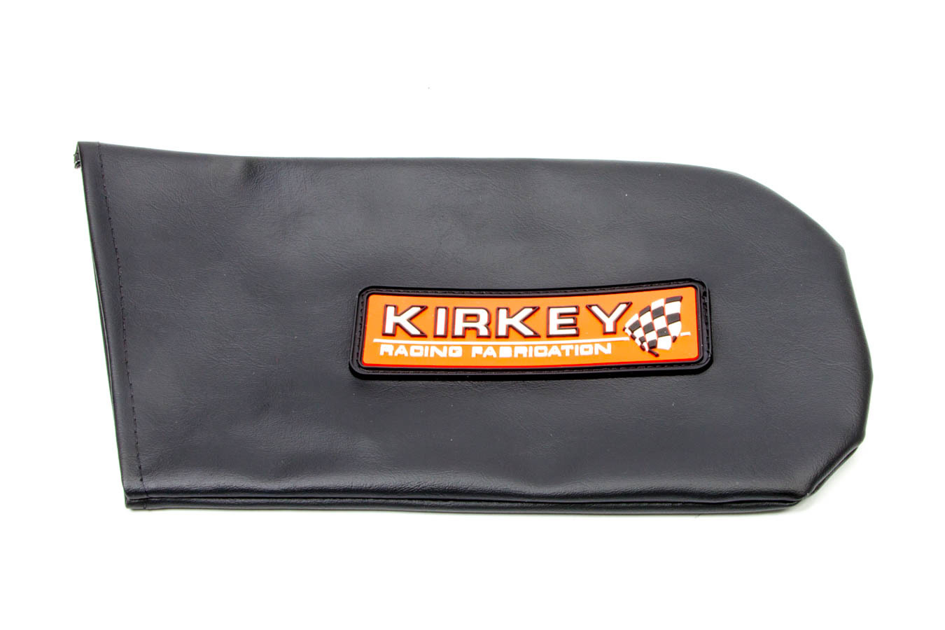 Black vinyl shoulder support cover for racing seats, featuring a prominent orange and black Kirkey Racing Fabrication logo.