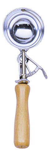 Stainless steel food scoop with a shiny finish, featuring a wooden handle and a trigger action mechanism for easy serving.