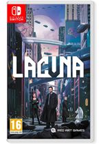 Lacuna - Switch game case featuring a vibrant cityscape with futuristic elements, bold white title, and characters in a sci-fi setting, with a 16+ age rating at the bottom.