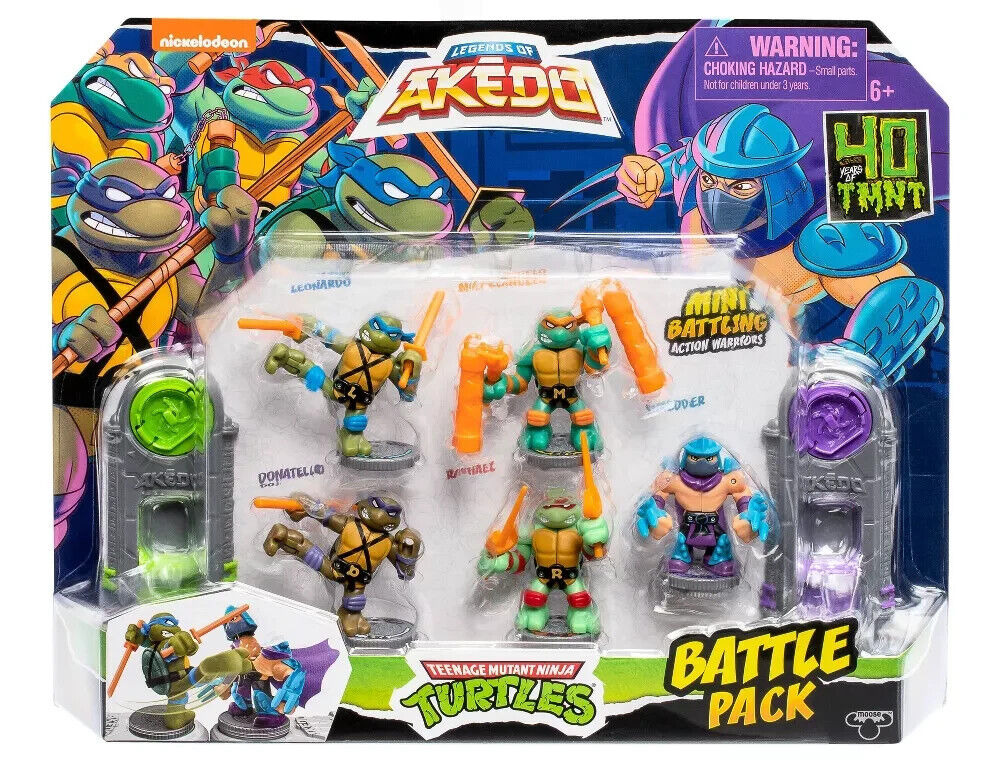 Six mini action figures from the Teenage Mutant Ninja Turtles series, featuring colorful characters in dynamic poses, with accessories and a vibrant packaging design.