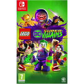 Colorful video game cover featuring LEGO DC Super-Villains characters, including Joker and Harley Quinn, set against a vibrant green background with purple splashes.