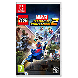 Lego Marvel Super Heroes 2 for Nintendo Switch features colorful characters, including Spider-Man and the Hulk, with a vibrant cityscape background and LEGO branding.
