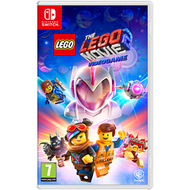 Colorful video game cover featuring characters from "The Lego Movie 2," with a futuristic helmet and vibrant background, designed for Nintendo Switch.