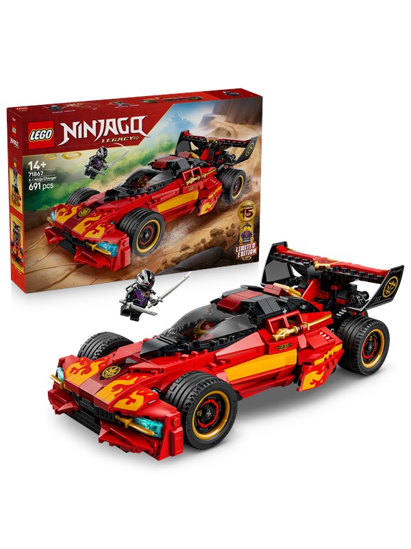 Red and black LEGO Ninjago 71867 Ninjaścigacz X-1 set featuring a sleek racing car with flame decals, a detailed cockpit, and a minifigure with a sword, alongside its colorful box.