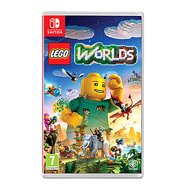 LEGO Worlds for Nintendo Switch features a colorful cover with a large LEGO character, vibrant landscapes, and various creatures in a playful, blocky style.