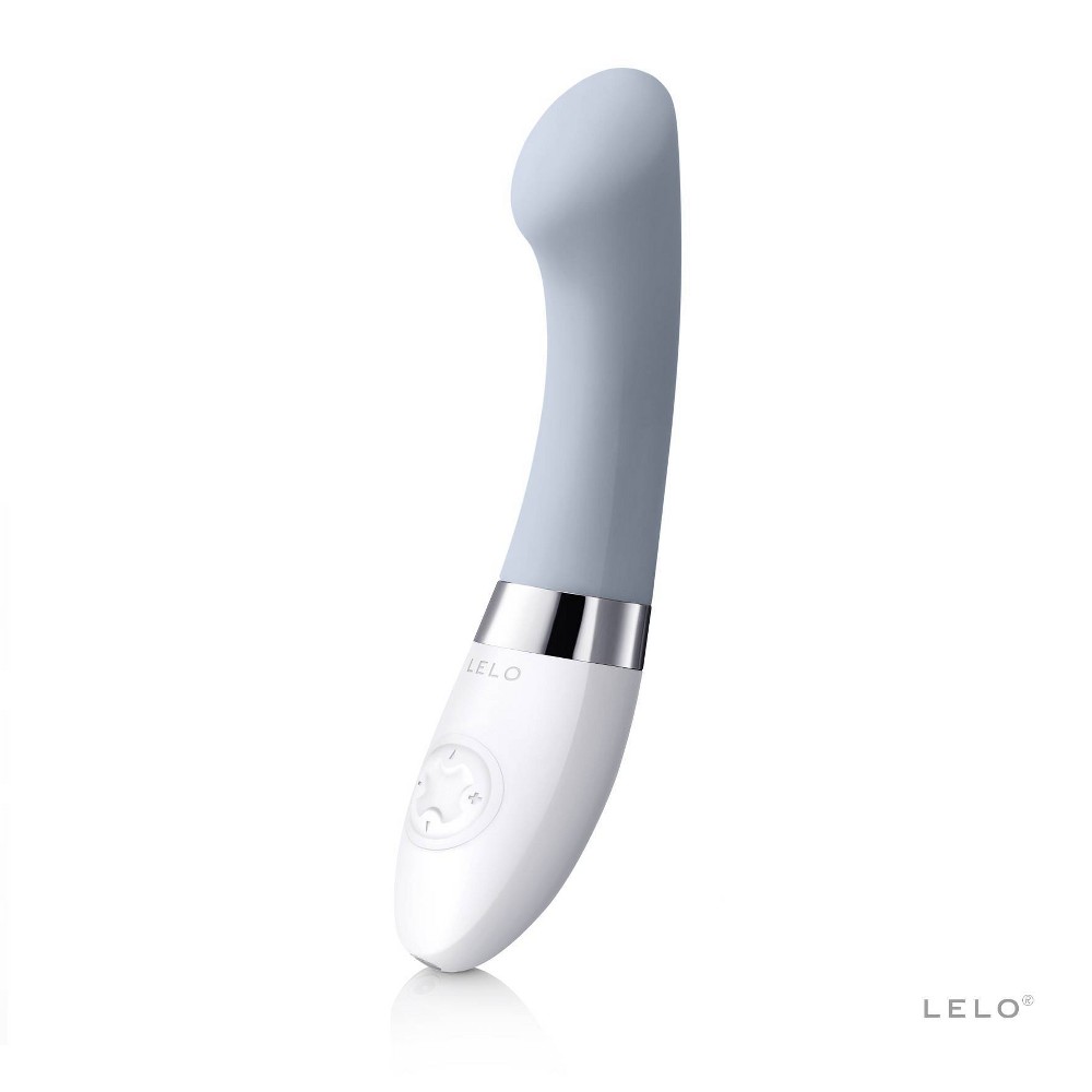 Cool gray, waterproof, and rechargeable vibrator with a sleek design, featuring a curved tip and a white base with control buttons.