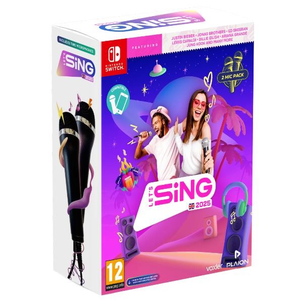 Let's Sing 2025 box featuring vibrant colors, two microphones, and images of singers; includes a Nintendo Switch logo and a 1-month free VIP pass offer.