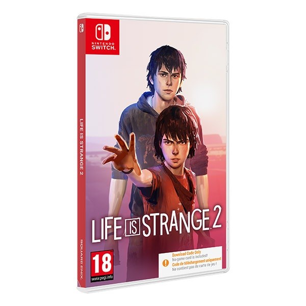 Nintendo Switch game case for "Life Is Strange 2" by BANDAI NAMCO, featuring two characters on the cover, with a blue and red color palette and a prominent "18" age rating.