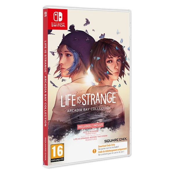 Nintendo Switch game case featuring "Life Is Strange: Arcadia Bay Collection," with artwork of two female characters on the front, a colorful background, and a prominent title.