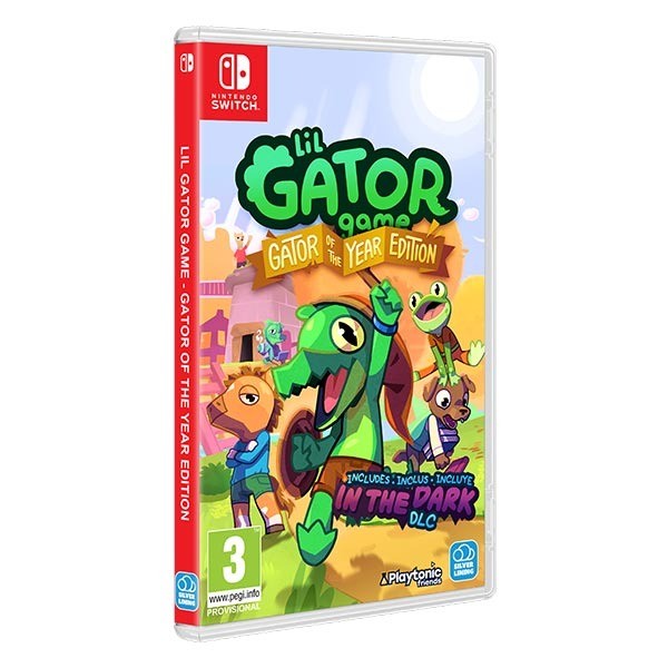 Colorful game cover featuring cartoon alligator characters, a vibrant landscape, and text "Lil Gator Game: Gator of the Year Edition" with "Includes: In the Dark DLC" on a Nintendo Switch case.