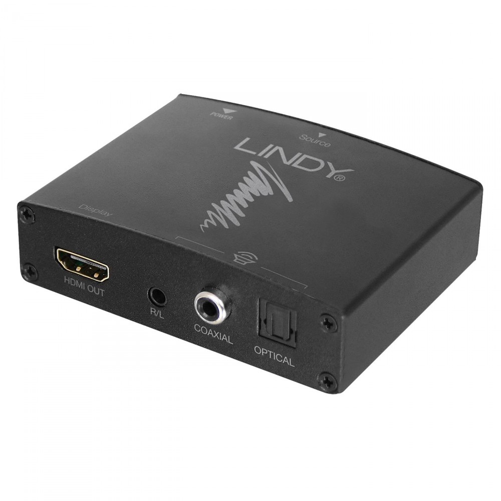 Black HDMI audio extractor with HDMI output, R/L audio ports, coaxial and optical outputs, featuring a sleek design and clear labeling on the top.