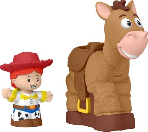 Toy set featuring a smiling Jessie figure with a red hat and cowgirl outfit alongside a brown Bullseye horse figure, both made of durable plastic.