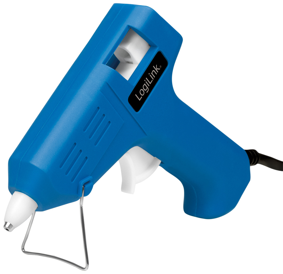 Blue LogiLink WZ0050 hot glue gun/pen featuring a sleek design, 10 W power, a trigger for dispensing glue, and a metal stand for stability.