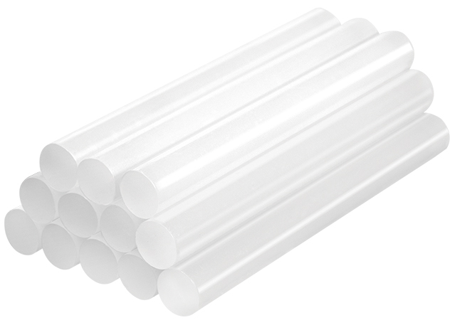 White glue sticks stacked in a pyramid formation, made of clear plastic material, designed for use with glue guns.