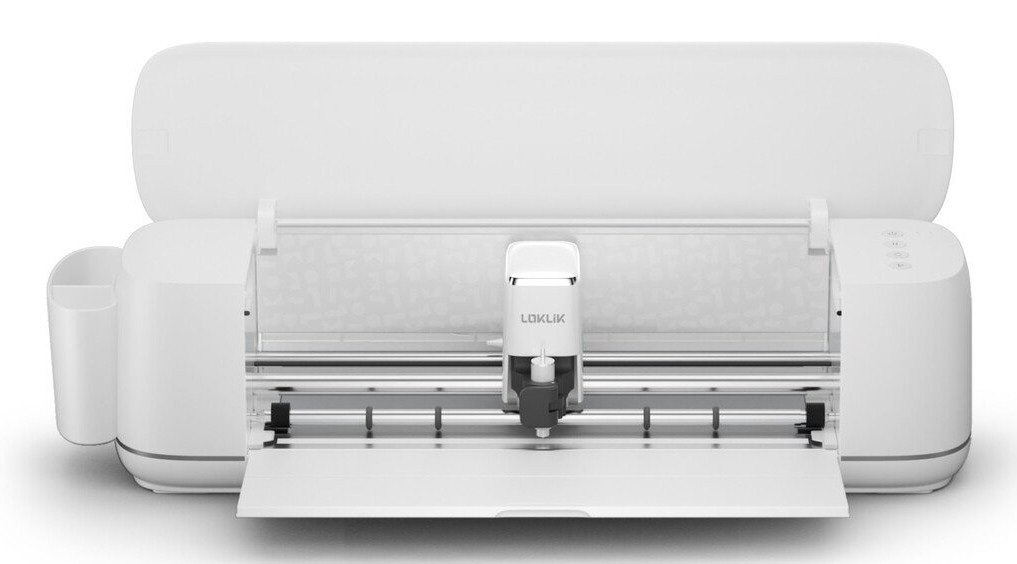 White LOKLiK ICraft Electronic cutting machine with a sleek design, featuring a transparent cover, control buttons on the side, and a wide cutting area for various materials.