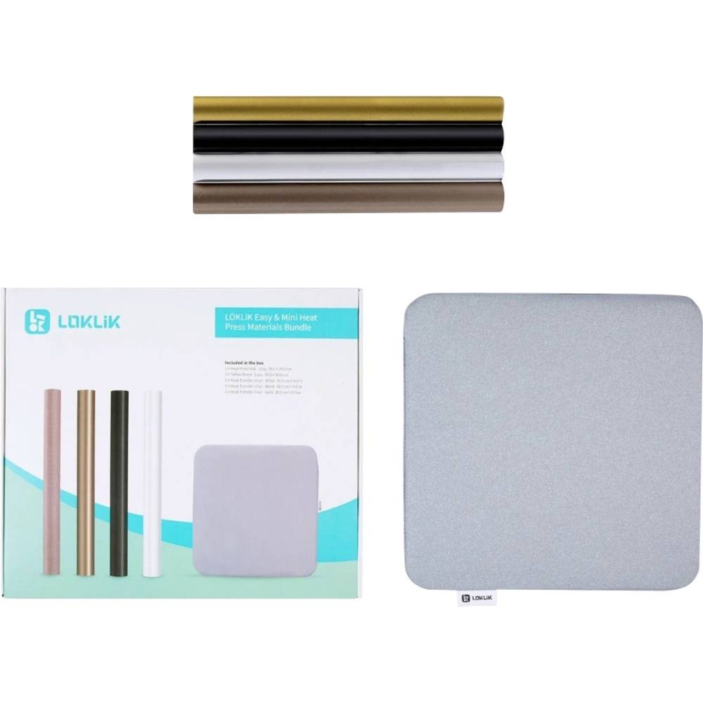 Four rolls of heat transfer vinyl in gold, silver, black, and white, alongside a grey heat press pad, all displayed with a branded box featuring product details.